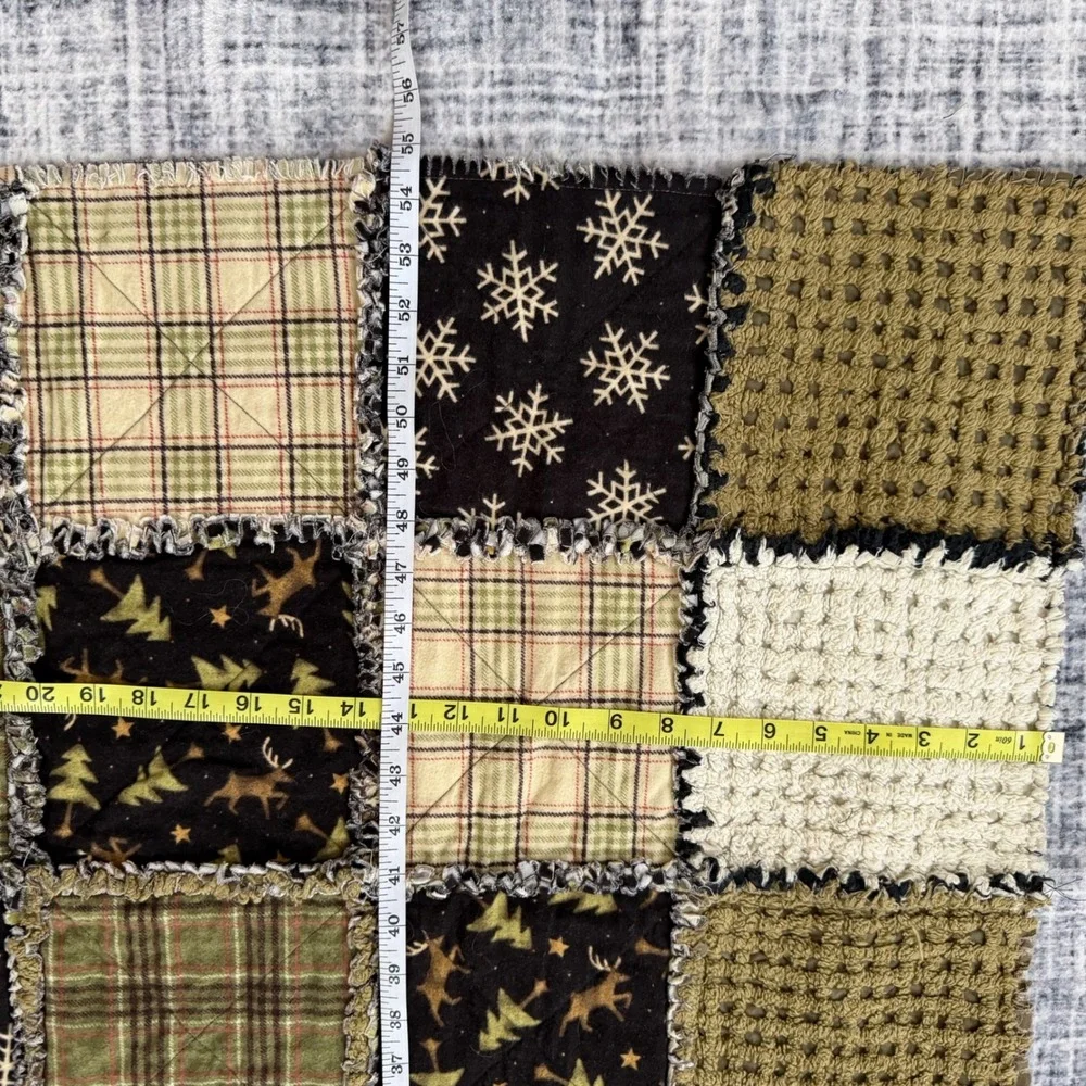 Handmade Winter Rag Quilt Patchwork Throw Blanket Snowman Reindeer Plaid 48x55